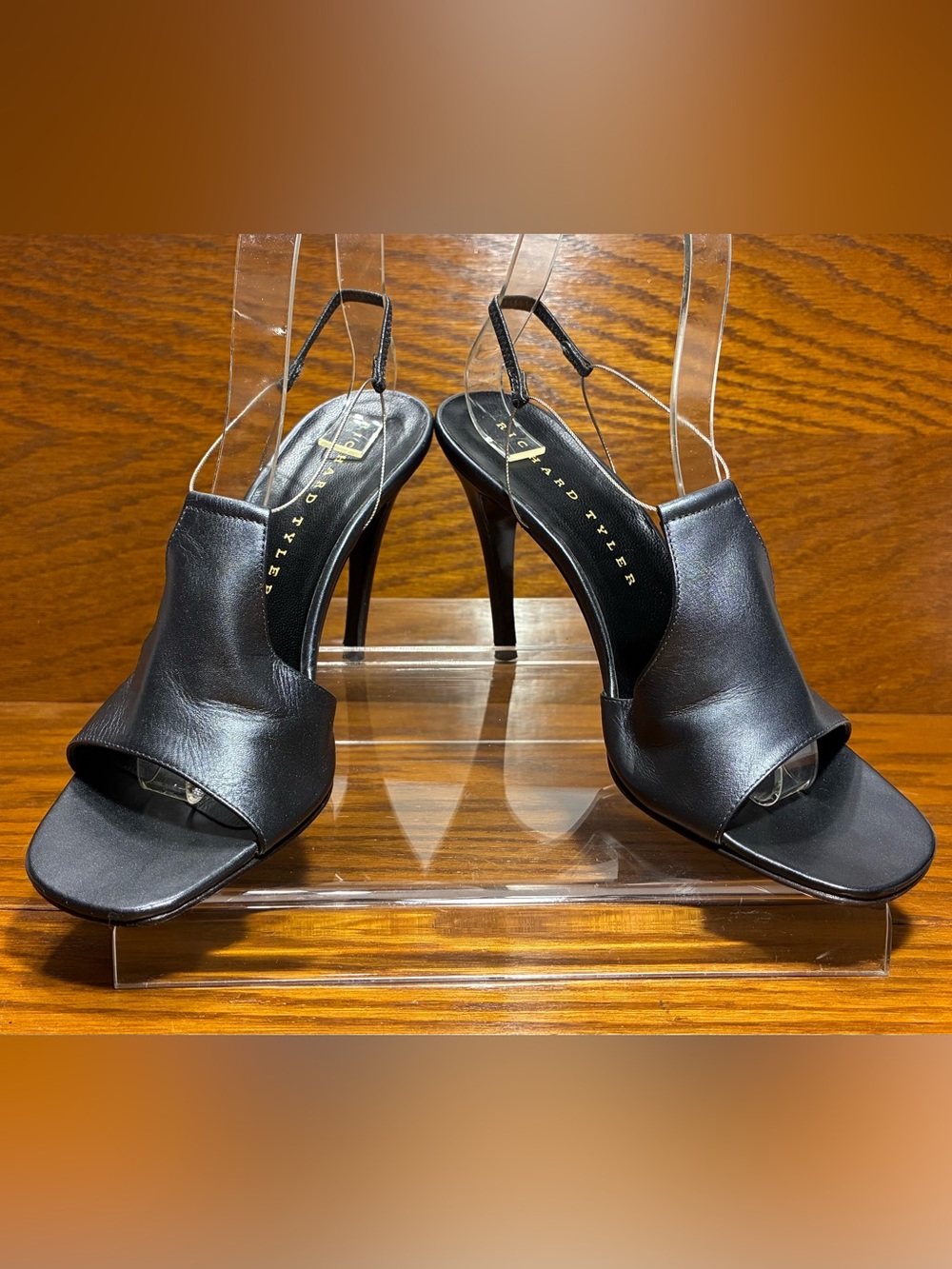 Y2K VTG Richard Tyler ITALY MADE Gunmetal Leather Wire Slingback Heels Sz 6